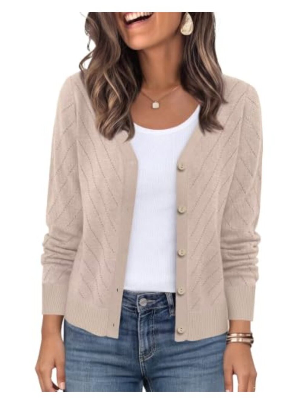 Hollow-Out Knit V-Neck Button Cardigan Long Sleeve Lightweight Layer